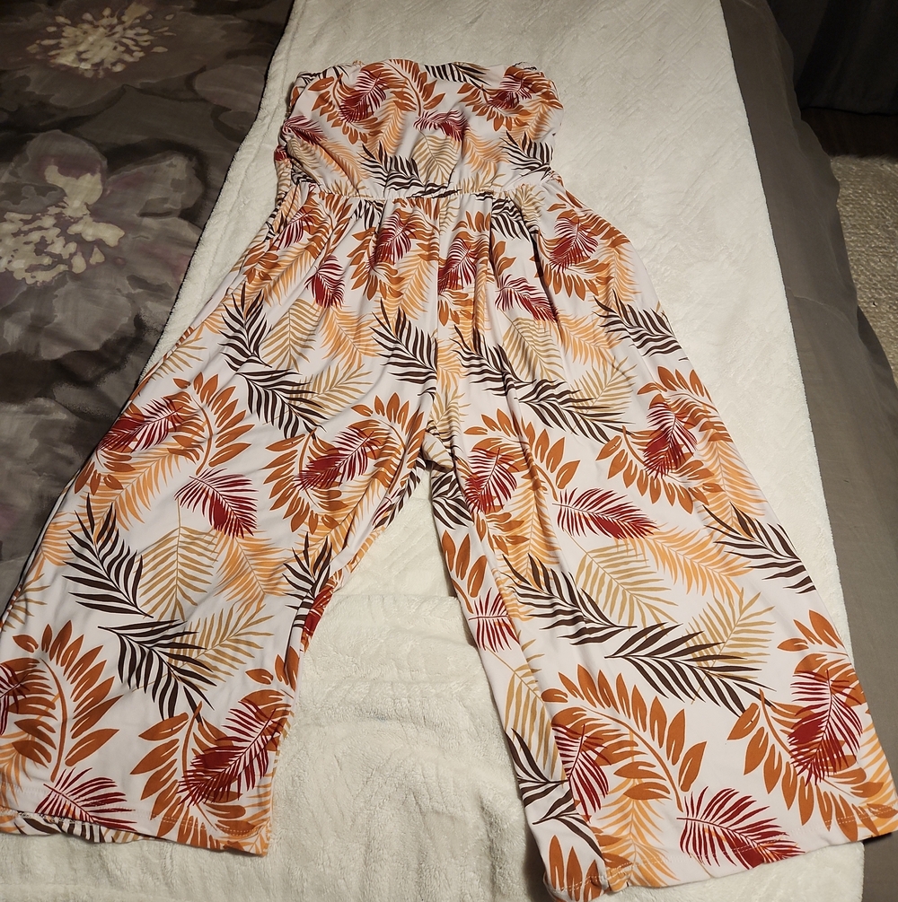 Justify Strapless Tropical Leaf Jumpsuit - White, Orange, Brown
